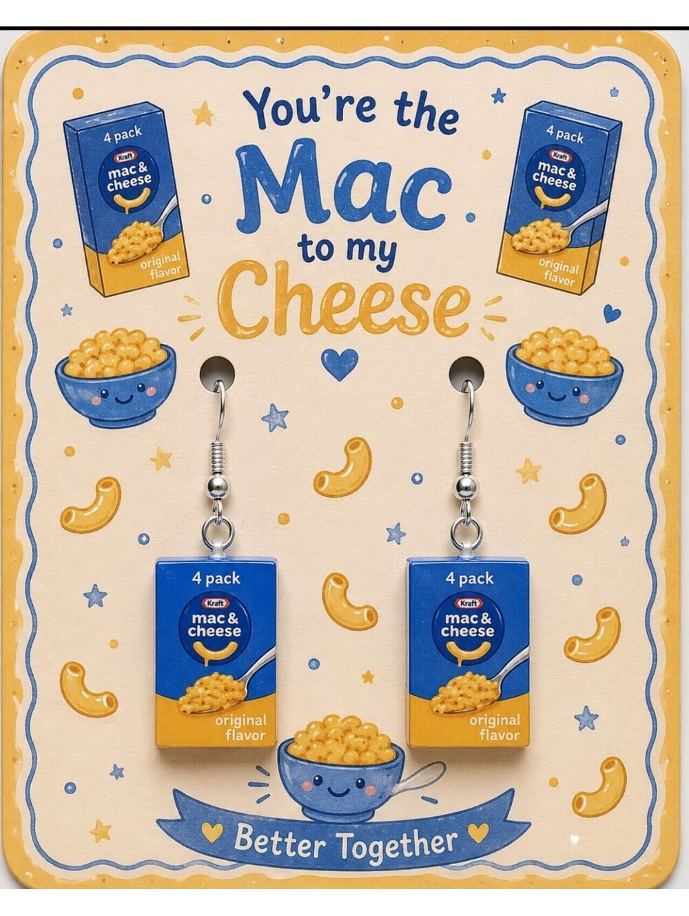 Fun Jewelry Mini Kraft Mac n Cheese Retro Novelty Hypoallergenic Earrings